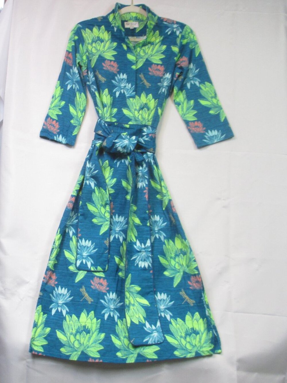 Holly Shae Arden Midi Dress Teal Lotus Floral Stripe XS/S Long Sash
